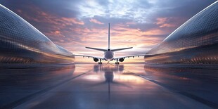 夕阳下机场跑道上的飞机