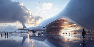 未来感机场与飞机的梦幻场景