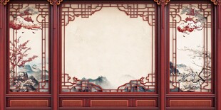 中式古典屏风山水花鸟图景