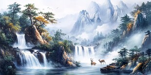 山水间鹿栖瀑布美景