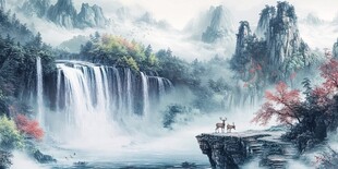 山水瀑布间的诗意美景