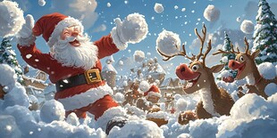 圣诞老人与驯鹿欢乐打雪仗