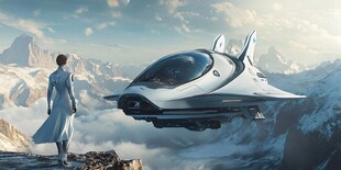 女子凝望空中未来飞行器