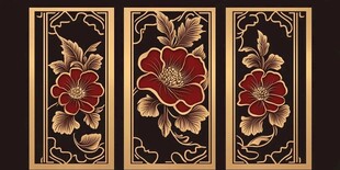 中式金红花卉装饰画