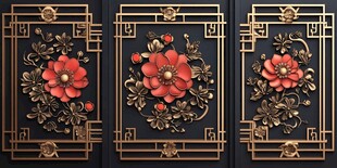中式浮雕花卉装饰三联画
