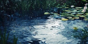 雨中池塘睡莲泛起涟漪