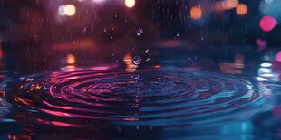 雨夜水滴落水面绚丽光影