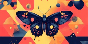 彩色几何背景上的黑蝴蝶