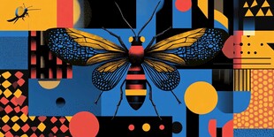 多彩几何背景下的斑斓飞虫