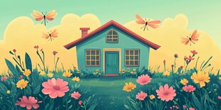 田园小屋旁的缤纷花草世界