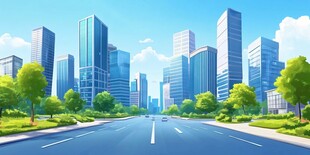 都市大道旁的现代高楼景观