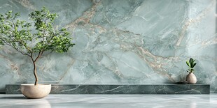 浅绿大理石墙前的绿植景致