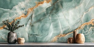 绿玉石背景墙与装饰摆件