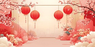 中式浪漫桃花灯笼喜庆场景