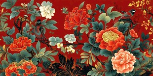 中式红底花卉鸟纹装饰画