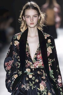 黑色花卉印花时尚走秀服饰