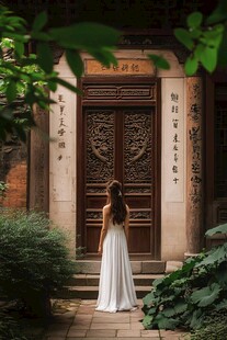 女子着白裙立于中式门前