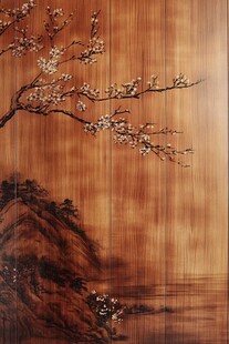 中式木纹墙绘梅花山水图