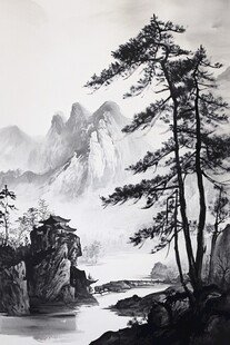 水墨山水间的苍松峻岭