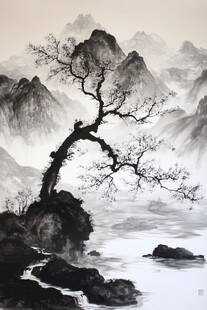 孤树倚峰山水墨韵图