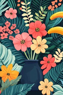 花瓶中的缤纷花卉与绿叶