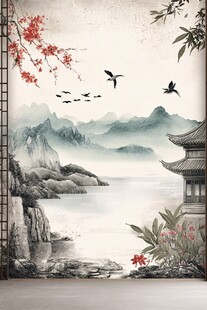 中式山水阁楼花鸟意境图