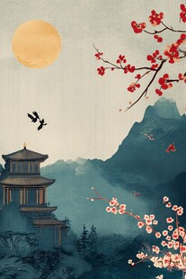 月夜山峦亭阁红梅景致
