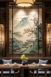 中式茶室山水壁画雅致空间