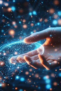 手触虚拟粒子的科技画面