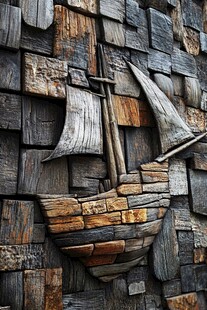木质拼贴帆船墙面艺术