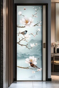 玉兰花鸟中式玻璃门装饰