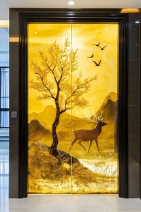 金色山林麋鹿玄关艺术画