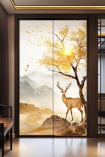 中式玄关处的鹿与山水图景