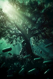 梦幻水下大树与漂浮胶囊