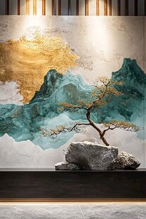 中式山水风 孤松置石于壁前