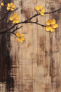 木质背景上的黄色花枝