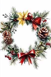 圣诞花环水彩插画