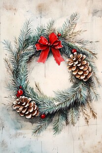 手绘圣诞松枝花环装饰