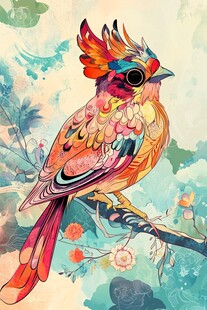 梦幻多彩神鸟栖息花枝间