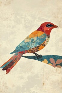 彩色拼贴风栖息枝头的小鸟