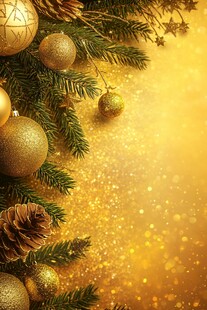 金色圣诞装饰与松枝背景