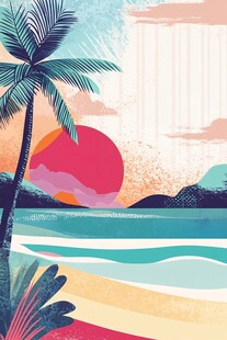 夏日海滩美丽风光插画