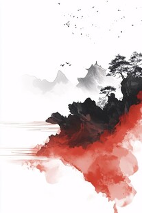 水墨山川间的红韵飞鸟景