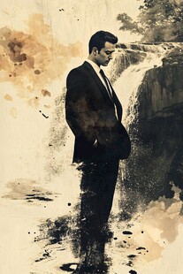 西装男子立于山水墨韵间