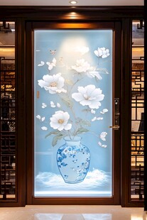 中式蓝白花瓶花卉玻璃门