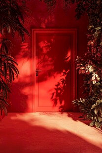 红色光影下的门与绿植