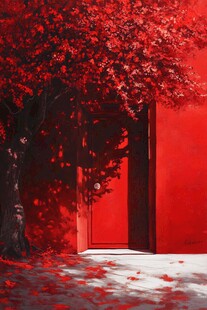 红墙下的树影与落叶之景