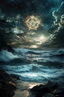 夜空下海浪与神秘五角星