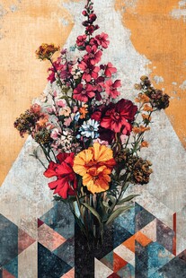 几何背景中的多彩花卉组合