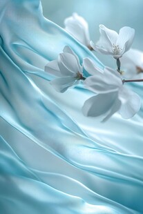 蓝绸间绽放的玉兰花